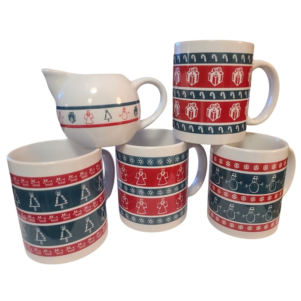Christmas Mugs and Creamer Set, Holiday Decor,‎ Gift, Angels, Snowman